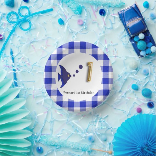 Bols En Carton En vichy mignonne, poisson bleu et ballons 1er ann (Fête)