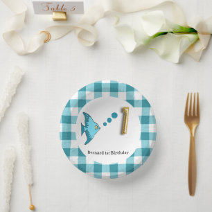 Bols En Carton Joli Gingham Bleu Turquoise Poisson & Ballon 1er A