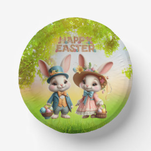Bols En Carton Mignonne, Whimsical Joyeuse Pâques avec 2 lapins