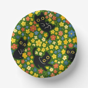 Bols En Carton Mignons Chats Noirs Motif Floral de Prairie
