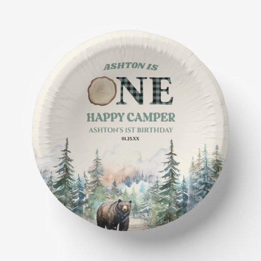 Bols En Carton ONE Happy Camper Green Bear 1er anniversaire fête (Recto)