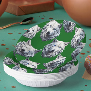 Bols En Carton Tête de loup blanche motif design vert