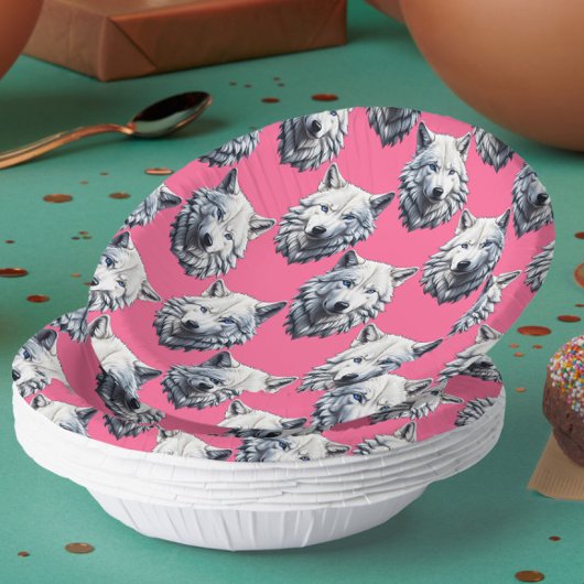 Bols En Carton White Wolf Head Pattern Design Pink 