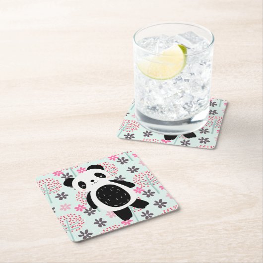 Bomen, Bloemen en Panda-Beren Vierkante Kartonnen Onderzetter (Insitu)