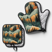 Bomen en bergen groen en Sinaasappel Ovenwant & Pannenlap Set (Voorkant / Achterkant)