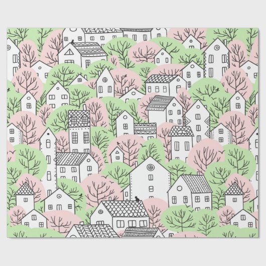 Bomen en huizen naadloos patroon. Lente en zomer Cadeaupapier (Vlak)