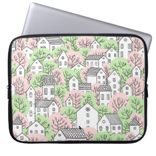 Bomen en huizen naadloos patroon. Lente en zomer Laptop Sleeve
