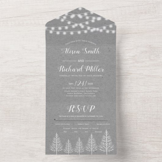 Bomen en licht grijs kraftpapier winterbruiloft all in one uitnodiging (Binnen)