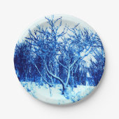 Bomen en sneeuwscène, kobaltblauw papieren bordje (Voorkant)