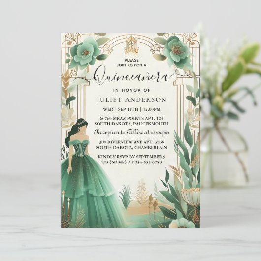 Bomen Goud Munt Glam Smaragdgroene Quinceanera Kaart (Staand voorkant)