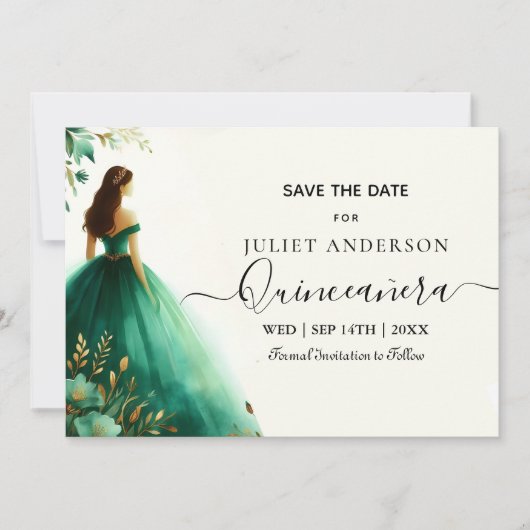 Bomen Gouden Munt Glam Emerald Green Quinceanera Save The Date (Voorkant)