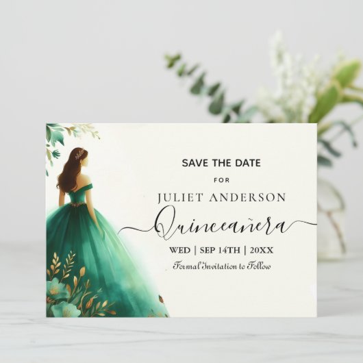 Bomen Gouden Munt Glam Emerald Green Quinceanera Save The Date (Staand voorkant)