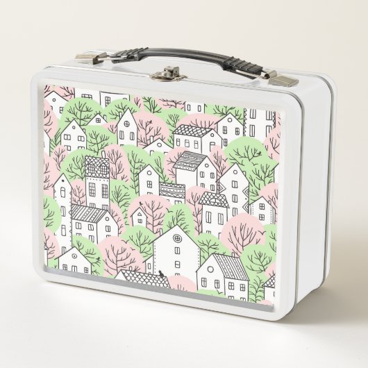 Bomen, huizen, het landschap van de lentestad (Voorkant)