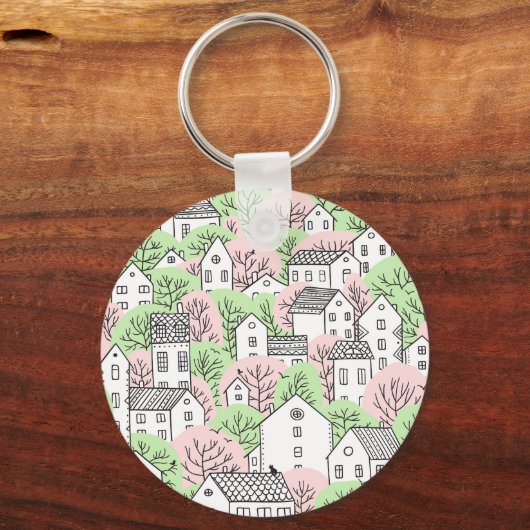 Bomen, huizen, het landschap van de lentestad sleutelhanger (Achterkant)