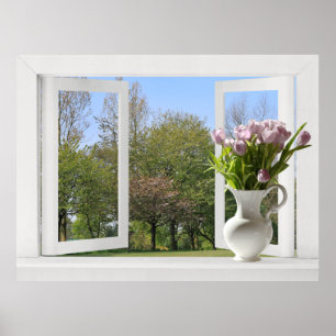 Bomen in de lente - Open raam uitzicht met tulpen Poster