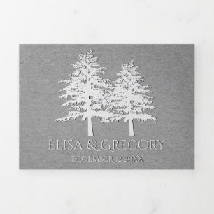 Bomen in reliëf grijs kraftpapier winterbruiloft drieluik uitnodiging