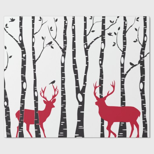 Bomen met rode kerstherten en vogels cadeaupapier (Vlak)