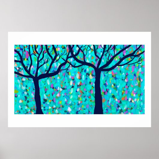Bomen tegen kleurrijke blauwe abstracte achtergron poster (Voorkant)