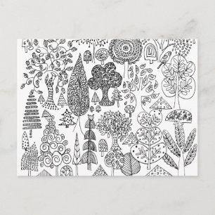 Bomen Zwart en Wit Handgetekende Illustratie Kunst Briefkaart
