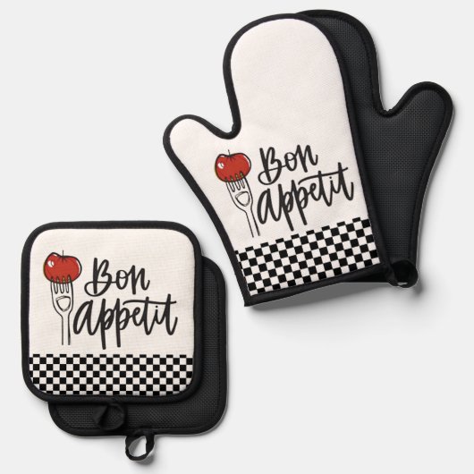 Bon Appetit Design Oven Mitt & Pot Holder Set (Voorkant / Achterkant)