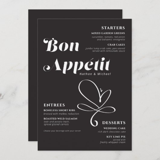 Bon Appetit Dîner Mariage Noir Blanc Menu (Devant / Derrière)