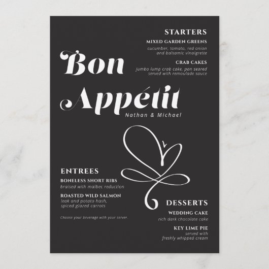 Bon Appetit Dîner Mariage Noir Blanc Menu (Devant)