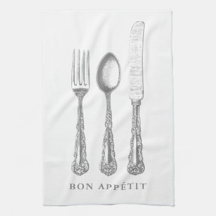 Bon appétit, serviette de cuisine, fourchette, cu