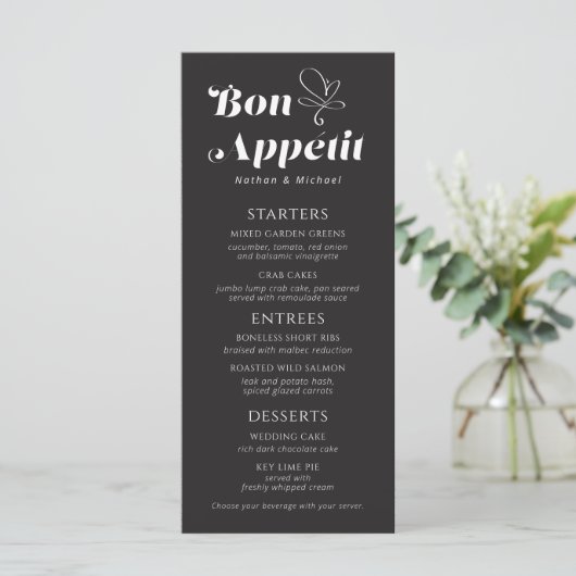 Bon Appetit Weddenschap Dinner Black White Menu (Staand voorkant)