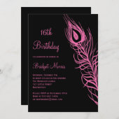 Bonbon fuchsia à plumes invitation de 16 (Devant / Derrière)