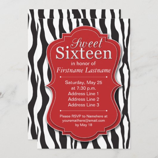 Bonbon rouge à impression de zèbre 16 invitations (Devant / Derrière)