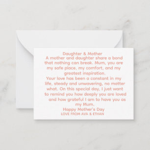 Bond Daughter en Moederdag Kaart - gedicht Moeder Notitiekaartje