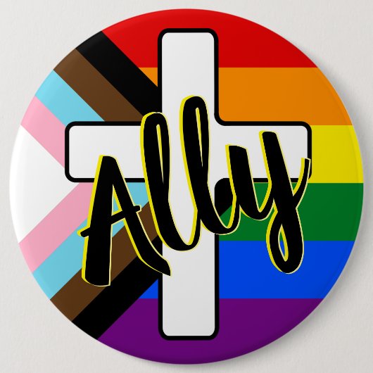 Bondgenoot en kruis met Progress Pride Flag Button (Voorkant)