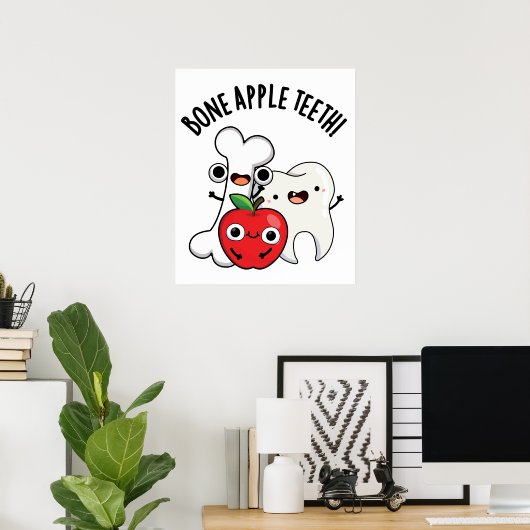 Bone Apple Teeth Funny Bona Appetit Pun Poster (Thuiskantoor)
