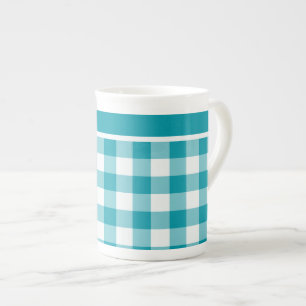 Bone China Mok, Blauwgroen en White Check Gingham Porselein Kop