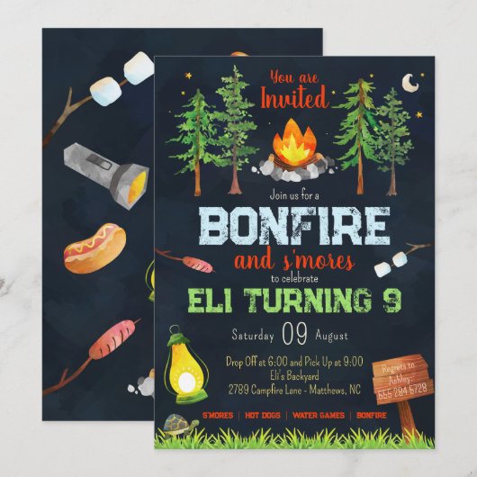 Bonfire Uitnodiging voor verjaardagsfeestje - Camp (Voorkant / Achterkant)