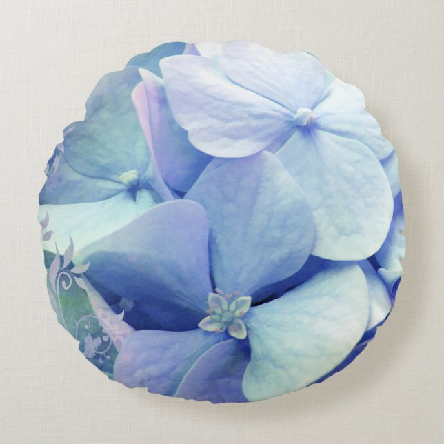 Bonheur, coussin rond d'hortensia bleu de (Devant)