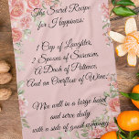 Bonheur Recette Floral serviette de cuisine<br><div class="desc">Ajoutez un soupçon de joie et une pincée d'humour à votre cuisine avec notre serviette de cuisine Floral Recette Bonheur. Cette serviette charmante et fantaisiste comporte un message stimulant qui combine les ingrédients essentiels au bonheur dans un format de recette ludique. Entouré de roses délicats sur un arrière - plan...</div>