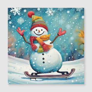 Bonhomme de neige en snowboard - Carte magnétique