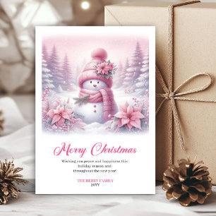 Bonhomme de neige rose enneigé coquette carte numé