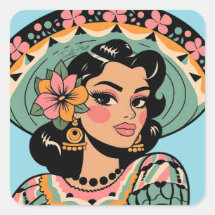  Bonita Fiesta Mujer Mariachi Vierkante Sticker
