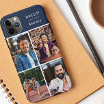 Bonjour ! 4 Photo Collage bleu foncé Personnalisé<br><div class="desc">Créez votre propre étui téléphonique personnalisé pour iphone 11 pro max et de nombreux autres modèles. Le design comprend un collage photo de style grille avec 4 de vos photos préférées, votre nom et le mot bonjour! Le modèle photo est configuré pour vous permettre d'ajouter vos photos, en travaillant dans...</div>
