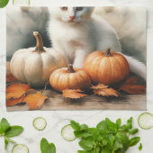 Bonjour Automne Blanc Kitten Serviette de cuisine (Plié)