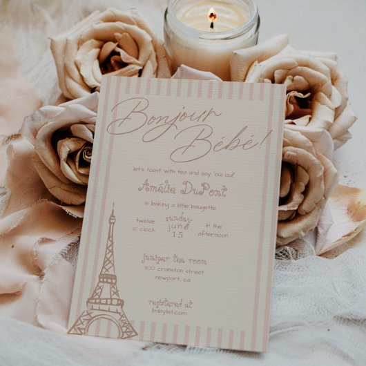 Bonjour Bebe Baby shower rose Invitation