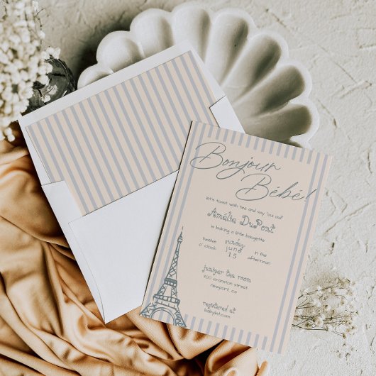 Bonjour Bebe Blue Baby shower Uitnodiging