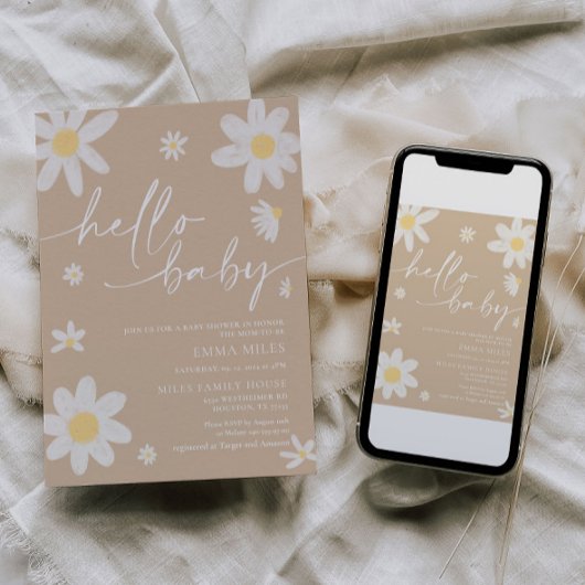 Bonjour Bébé Daisy Baby shower beige Invitation