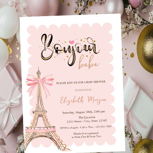 Bonjour Bébé Eiffel Tower Bow Striped Baby Shower Kaart