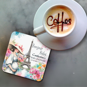 Bonjour Bebe Floral Eiffeltoren Parijs Baby shower Vierkante Kartonnen Onderzetter