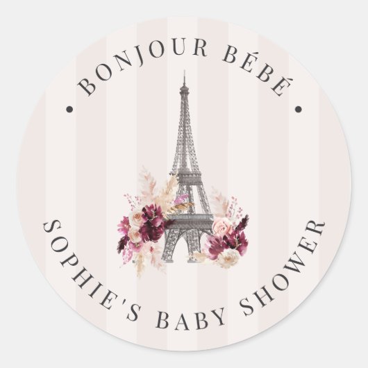 Bonjour Bébé Parijs Thema Baby Shower Ronde Sticker (Voorkant)