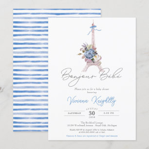Bonjour Bebe Paris Baby shower met blauwe streep Kaart