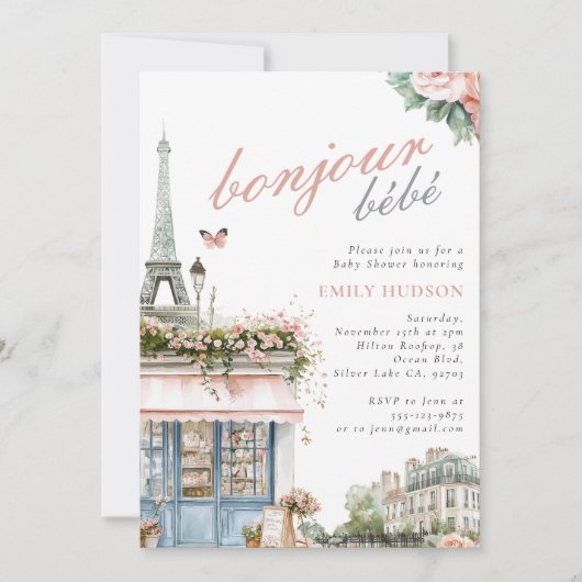 Bonjour Bebe Paris Café Baby shower Invitation (Devant)